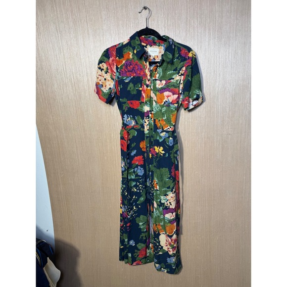 Sezane Dresses & Skirts - Sezane Adele Dress Navy Blue Floral Button Front Midi Shirt Dress Size 34 US 2